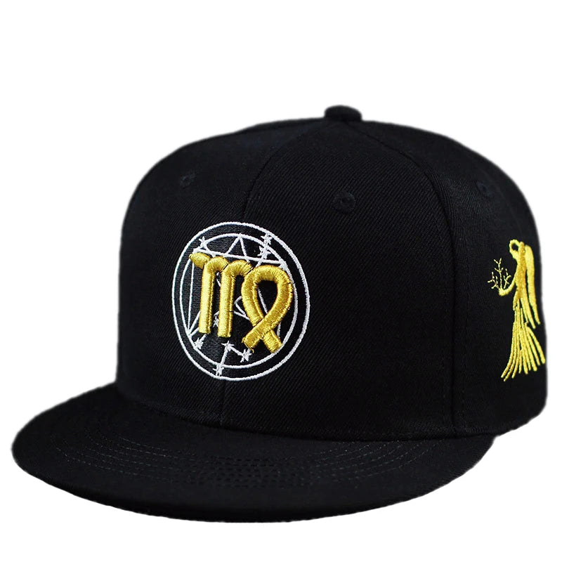 Gold Zodiac Embroidered Cotton Flat Brim Snapback Cap