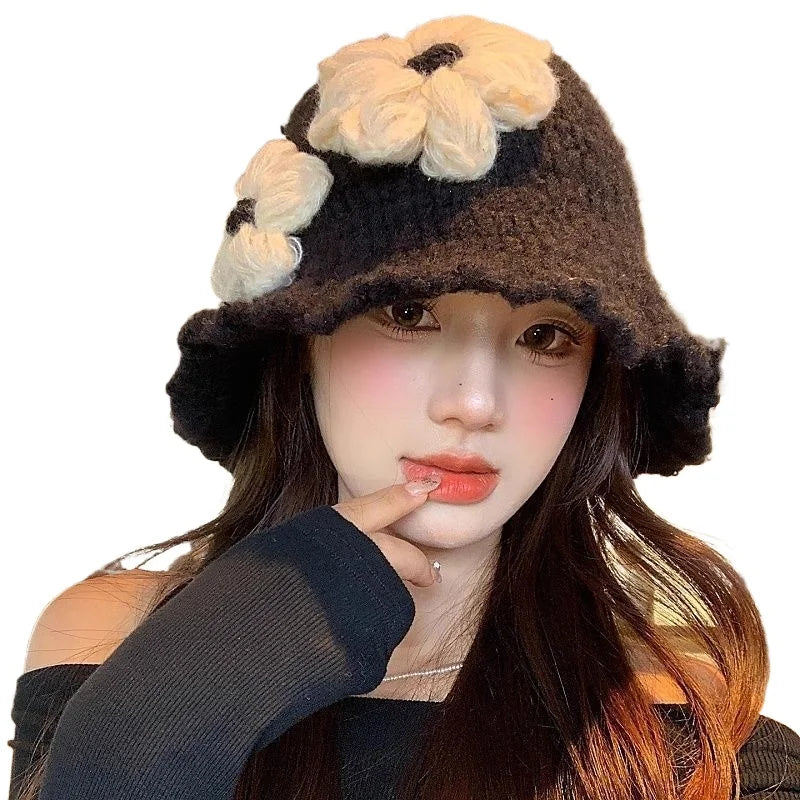 Women Black Flower Knitted Bucket Hat