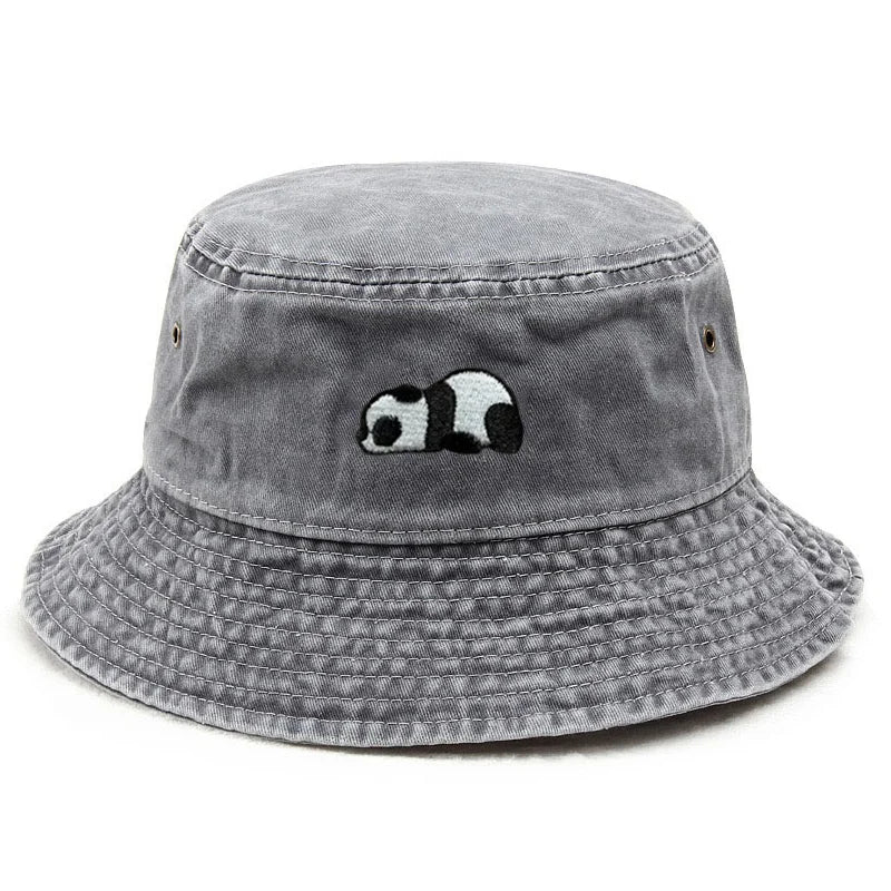 Panda Embroidered Washed Cotton Bucket Hat