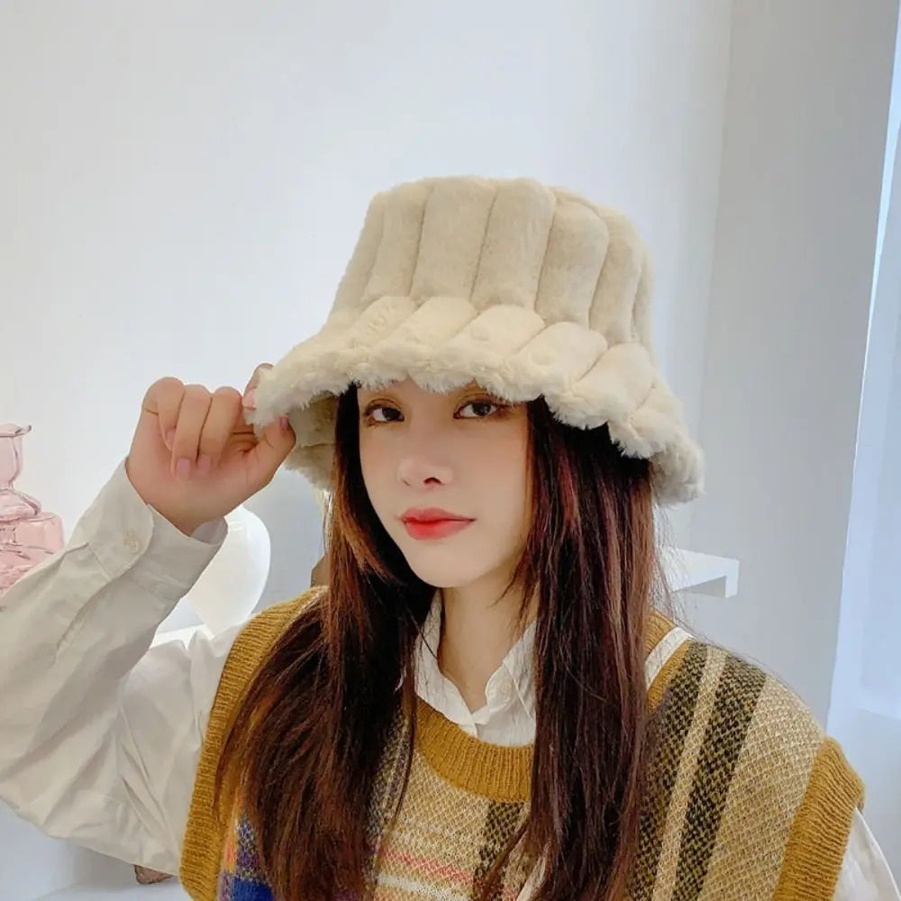 Women Faux Fur Winter Panama Fisherman Bucket Hat