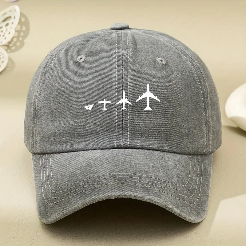 Retro Airplane Print Washed Baseball Cap Adjustable