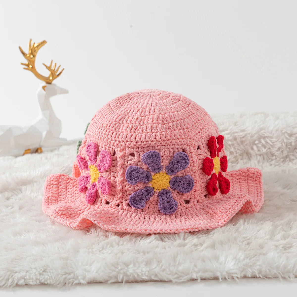 Retro Ruffled Floral Crochet Bucket Hat