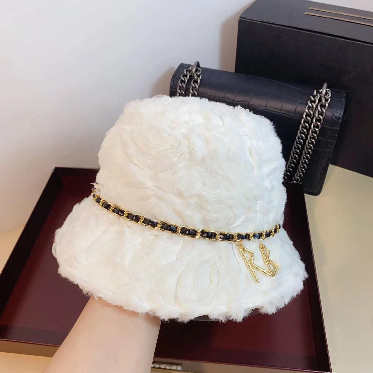 Women Lamb Fleece Rose Fisherman Bucket Hat