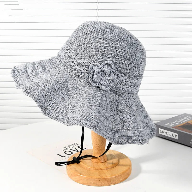 Women Elegant Flower Knitted Wide Brim Bucket Hat