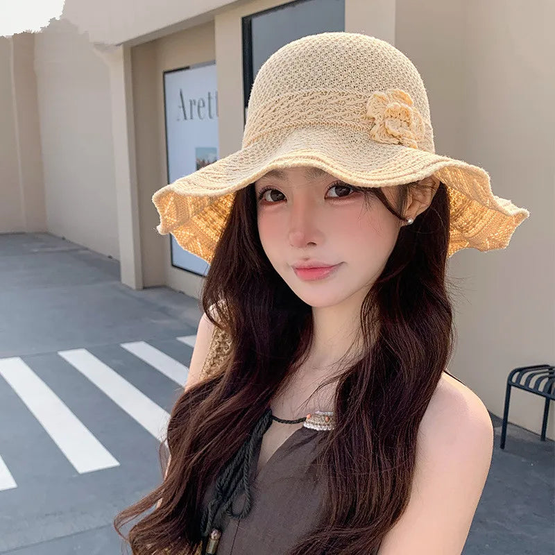 Women Elegant Flower Knitted Wide Brim Bucket Hat