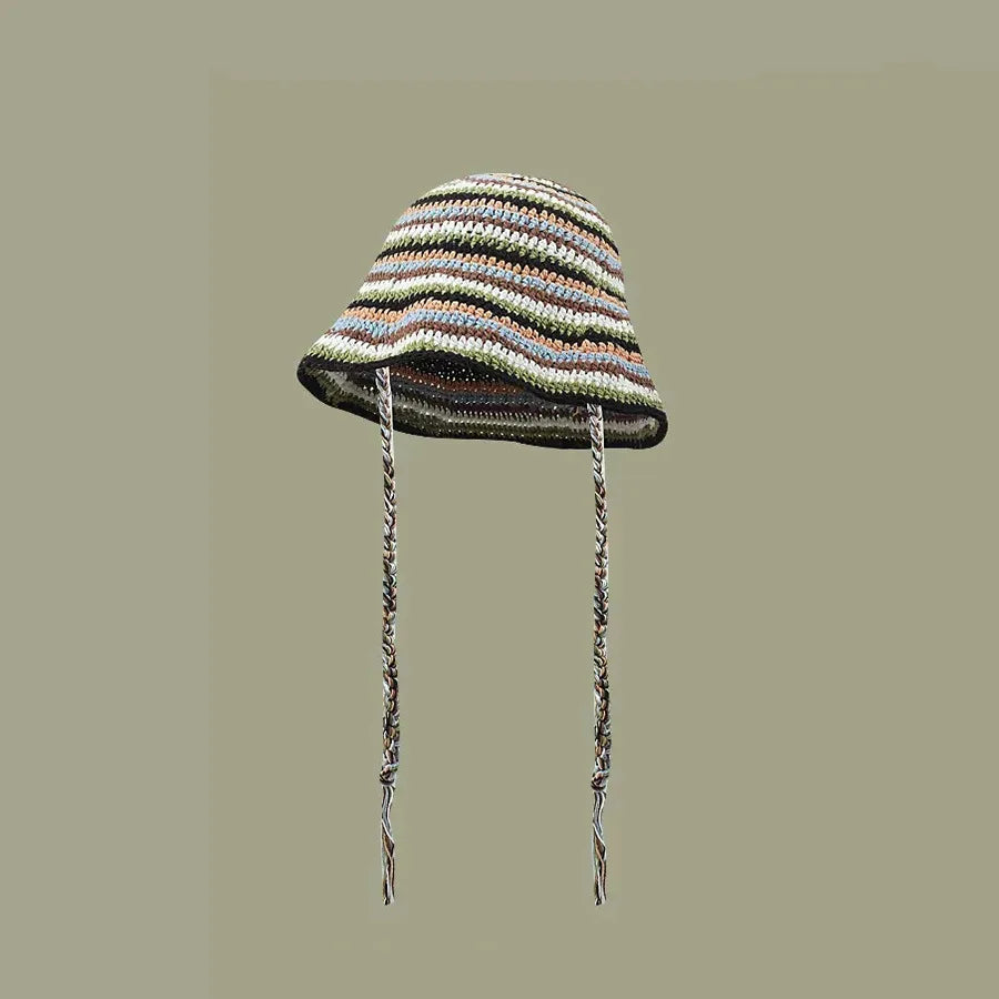 Women Striped Crochet Braided Bucket Hat