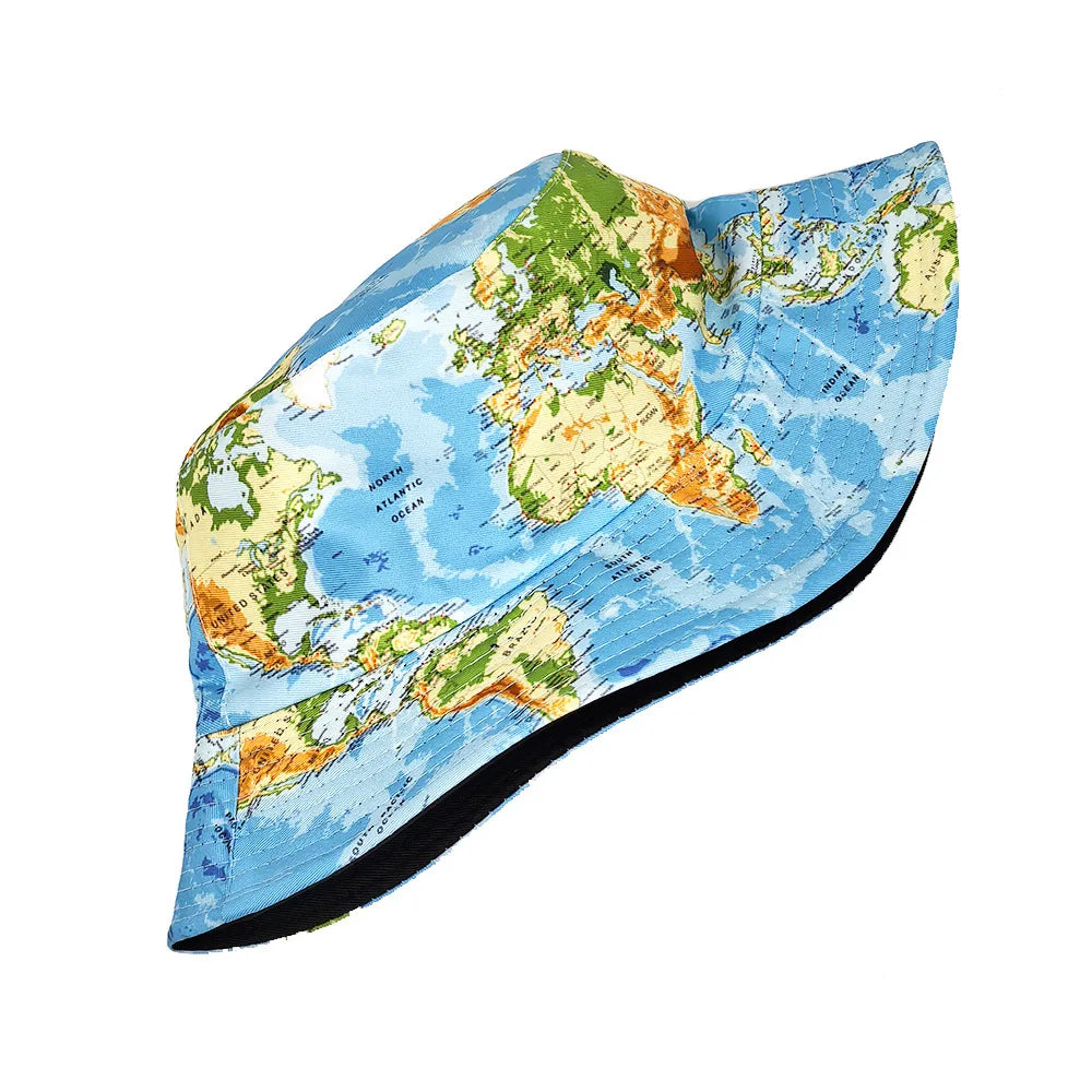 Reversible World Map Bucket Hat Men Women Double Sided