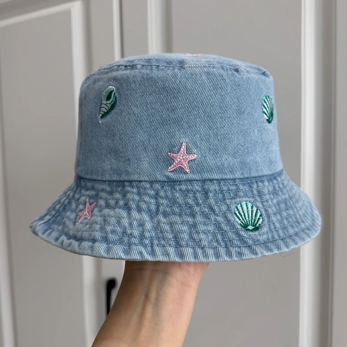 Sea Shell Embroidered Denim Bucket Hat