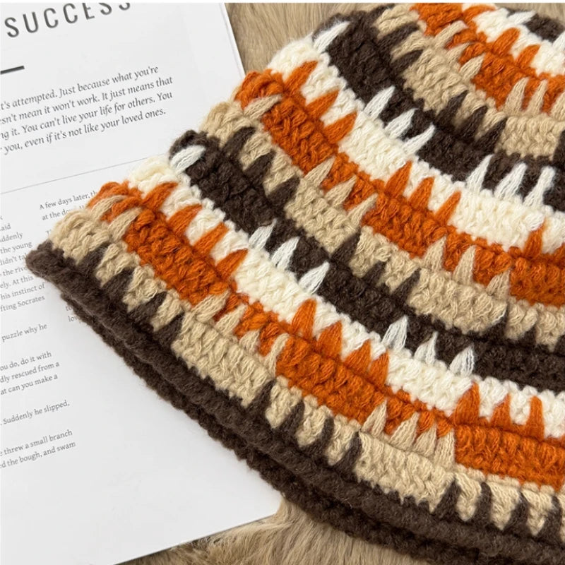 Unisex Color Block Crochet Winter Bucket Hat