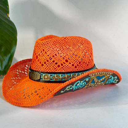 Vintage Red Hollow Crochet Cowboy Hat For Women
