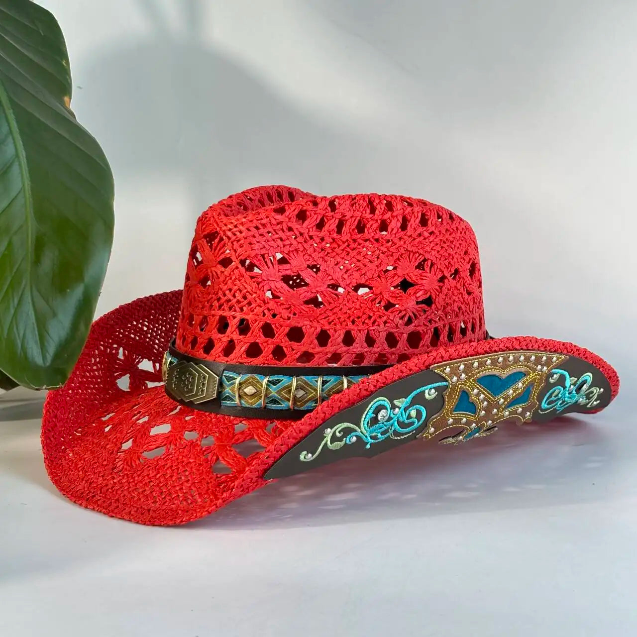 Vintage Red Hollow Crochet Cowboy Hat For Women