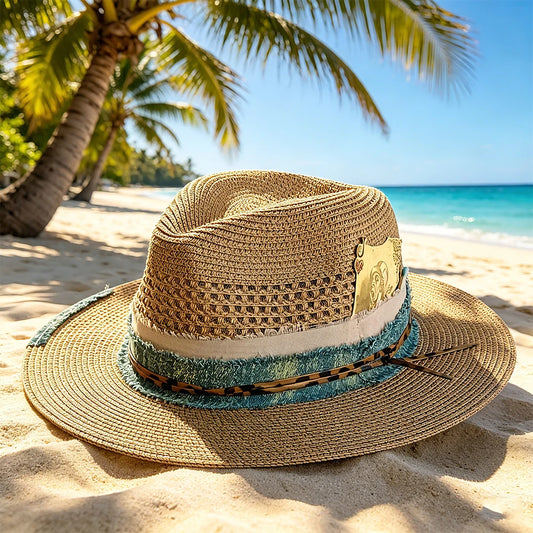 Vintage Beige Straw Hat Feather Decor Beach