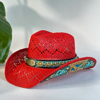 Vintage Red Hollow Crochet Cowboy Hat For Women