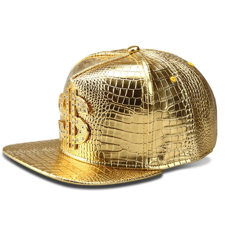 Golden USD Logo Crocodile PU Leather Snapback Cap