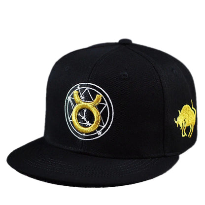 Gold Zodiac Embroidered Cotton Flat Brim Snapback Cap