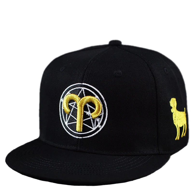 Gold Zodiac Embroidered Cotton Flat Brim Snapback Cap