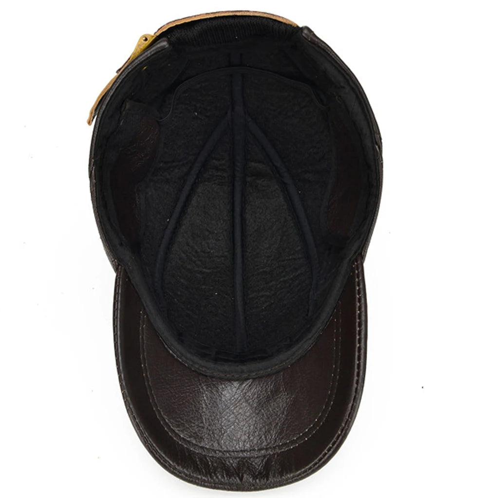 Brand Men Casual Real Leather Earflap Cap Men Real