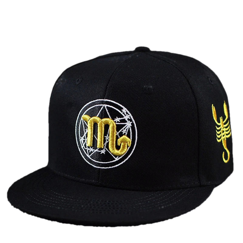 Gold Zodiac Embroidered Cotton Flat Brim Snapback Cap