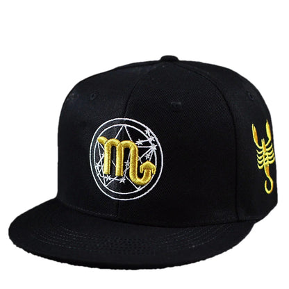Gold Zodiac Embroidered Cotton Flat Brim Snapback Cap