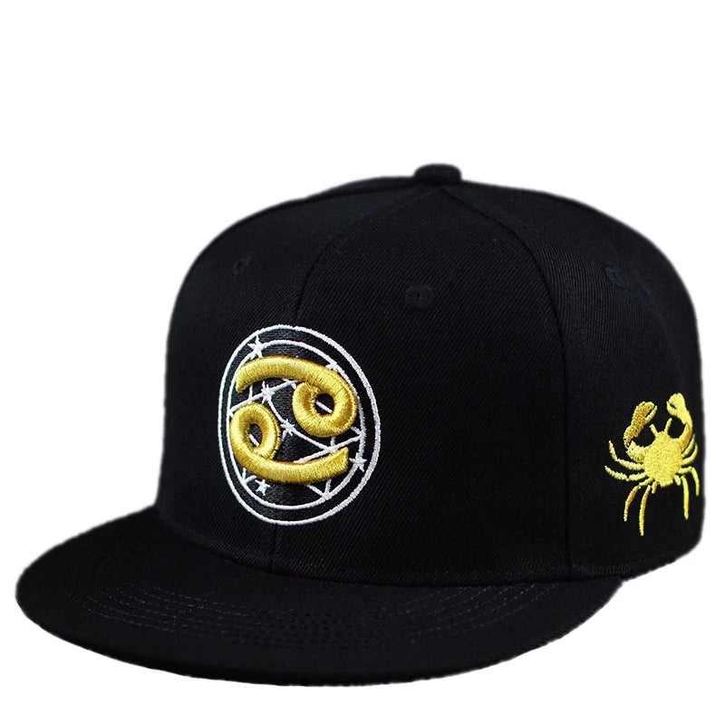 Gold Zodiac Embroidered Cotton Flat Brim Snapback Cap
