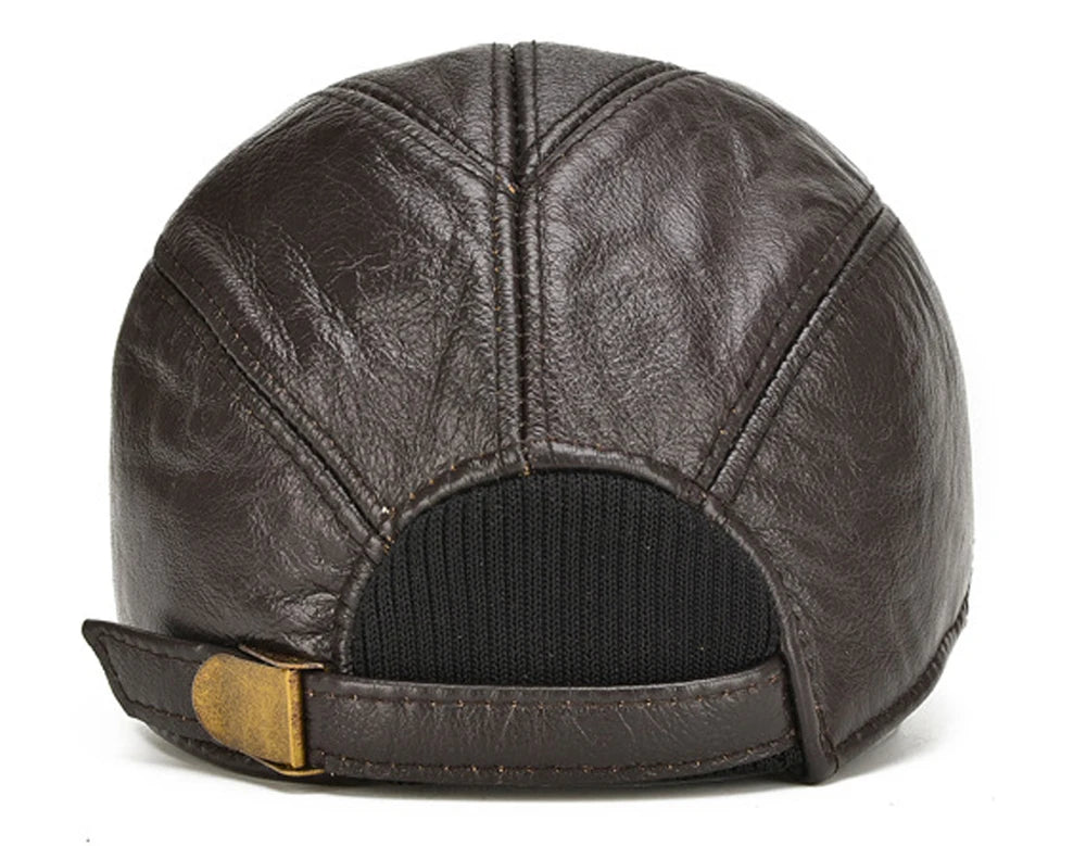 Brand Men Casual Real Leather Earflap Cap Men Real