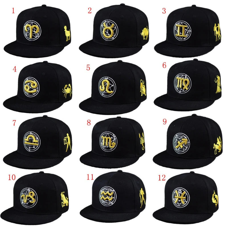 Gold Zodiac Embroidered Cotton Flat Brim Snapback Cap
