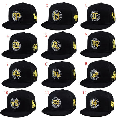 Gold Zodiac Embroidered Cotton Flat Brim Snapback Cap