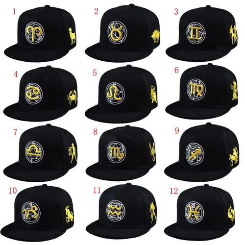 Gold Zodiac Embroidered Cotton Flat Brim Snapback Cap