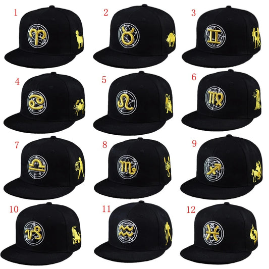 Gold Zodiac Embroidered Cotton Flat Brim Snapback Cap