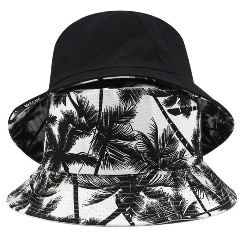 Unisex Fashion New Summer Reversible Black White Coconut Tree Bucket Hats