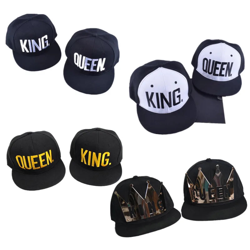 King Queen Embroidered Couple Snapback Caps Set