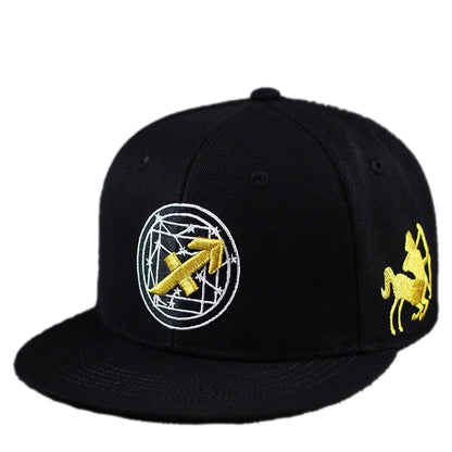 Gold Zodiac Embroidered Cotton Flat Brim Snapback Cap