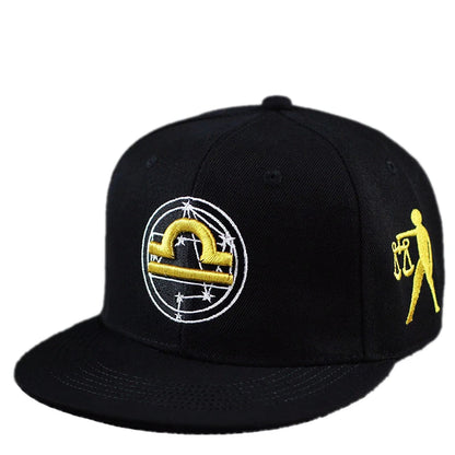 Gold Zodiac Embroidered Cotton Flat Brim Snapback Cap