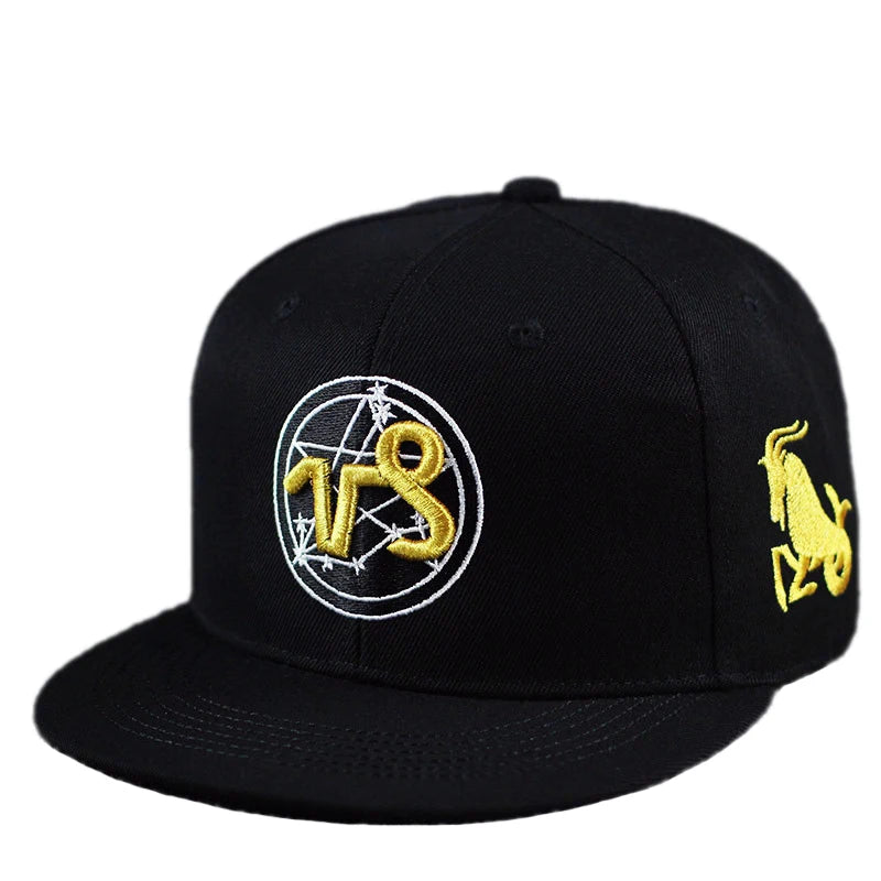 Gold Zodiac Embroidered Cotton Flat Brim Snapback Cap