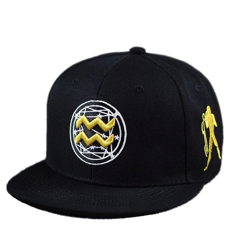 Gold Zodiac Embroidered Cotton Flat Brim Snapback Cap