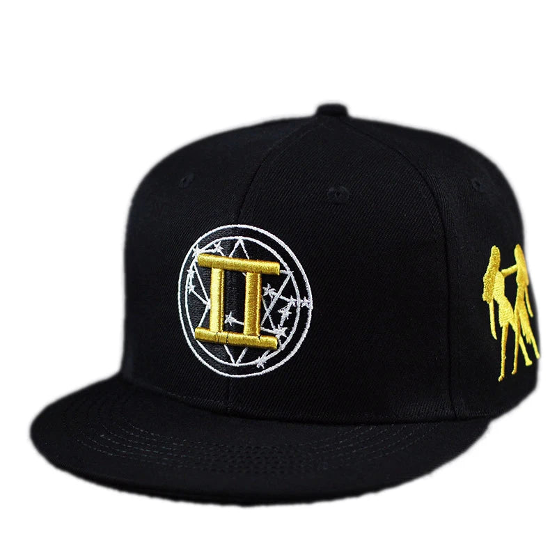Gold Zodiac Embroidered Cotton Flat Brim Snapback Cap