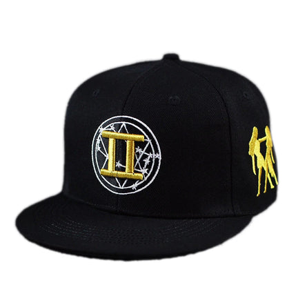 Gold Zodiac Embroidered Cotton Flat Brim Snapback Cap