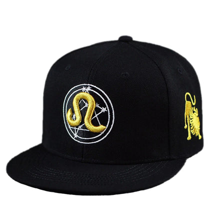 Gold Zodiac Embroidered Cotton Flat Brim Snapback Cap