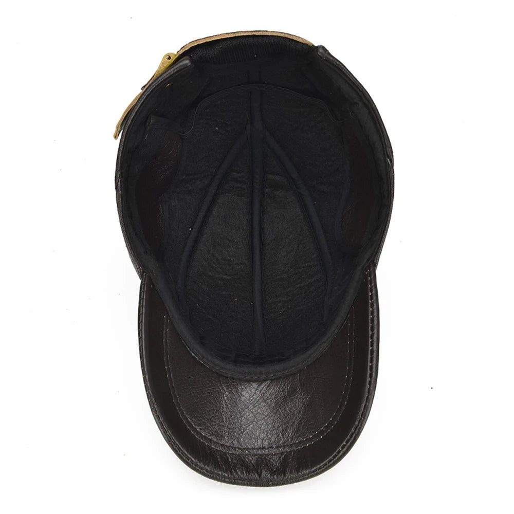 Brand Men Casual Real Leather Earflap Cap Men Real
