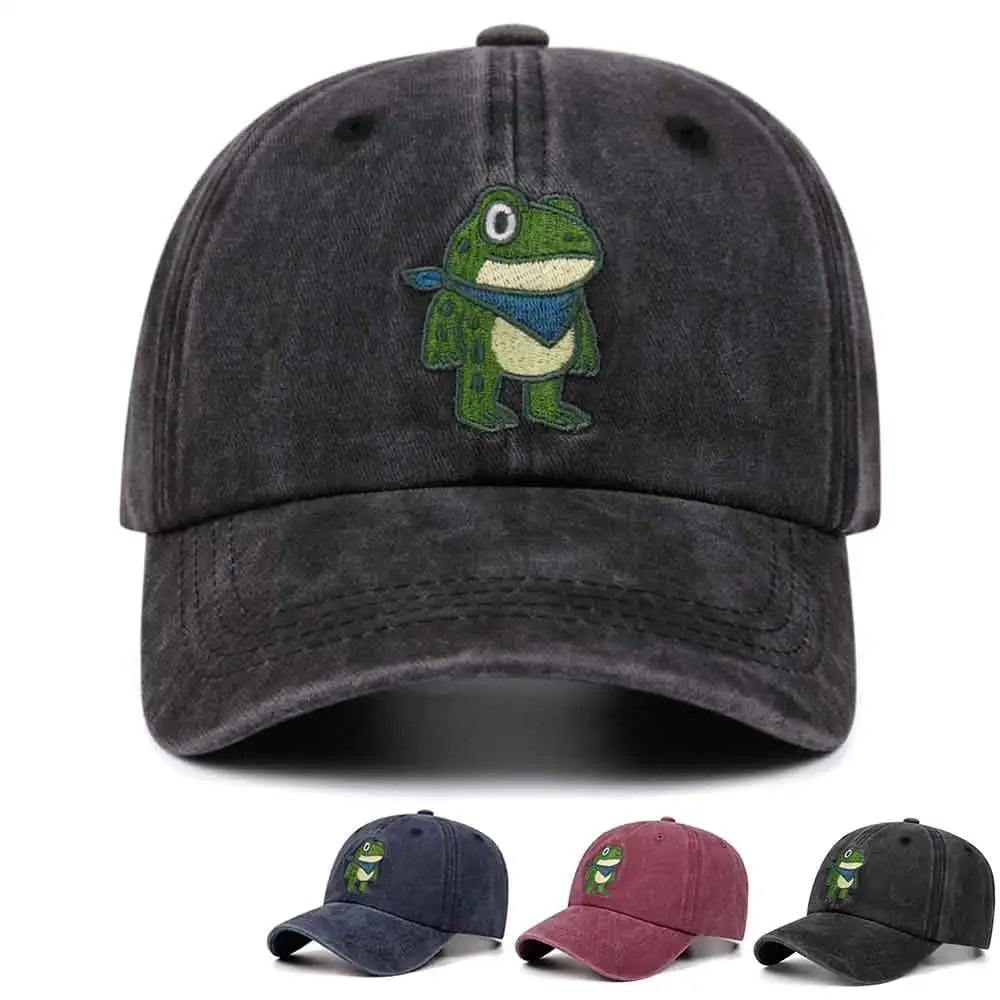 Cartoon Cute Frog Washed Retro Embroidery Cowboy Baseball Caps