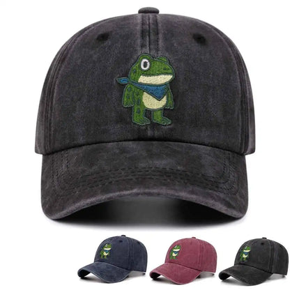 Cartoon Cute Frog Washed Retro Embroidery Cowboy Baseball Caps