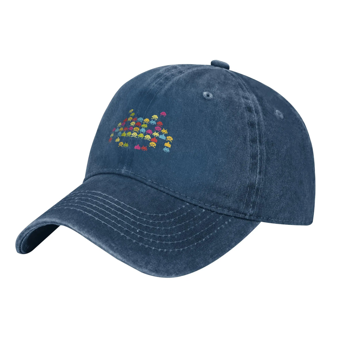 Space Invaders Pixelated Distressed Washed Denim Baseball Cap