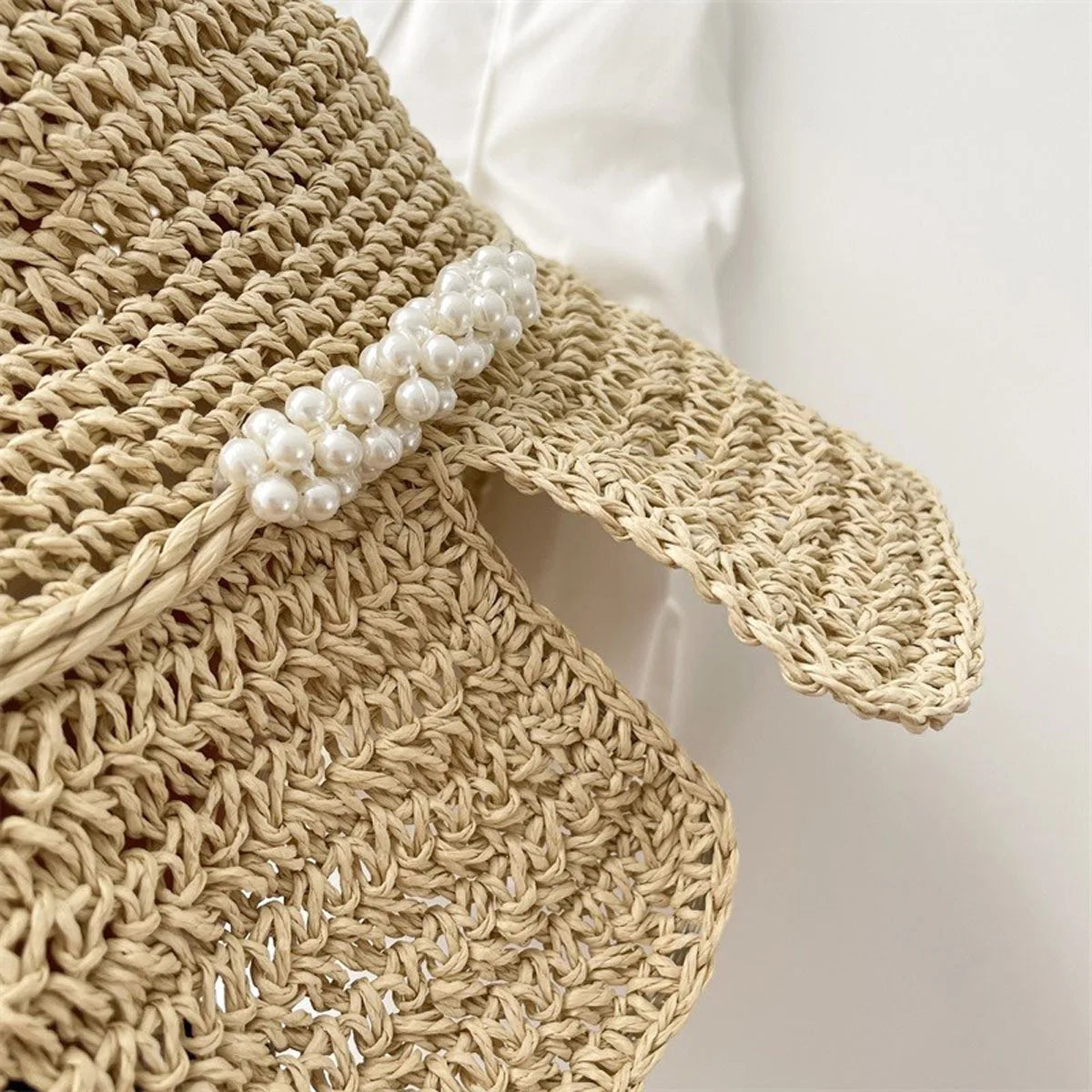 Women Pearl Straw Crochet Foldable Bucket Hat