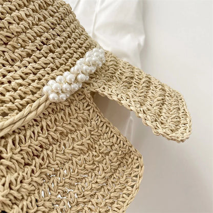 Women Pearl Straw Crochet Foldable Bucket Hat