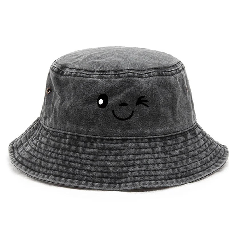 Vintage Winking Print Washed Bucket Hat