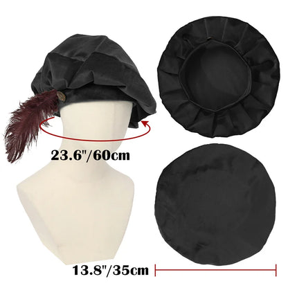 Quality Medieval Unisex Beret Hat With Feather Suede Tudor Hat
