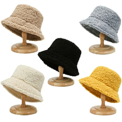 Women Faux Fur Lamb Wool Fisherman Bucket Hat