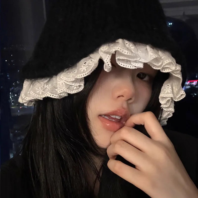 Women Lace Knitted Korean Winter Bucket Hat