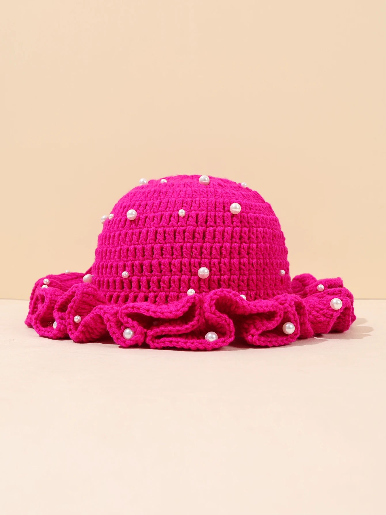 Women Vintage Pearl Crochet Ruffled Bucket Hat