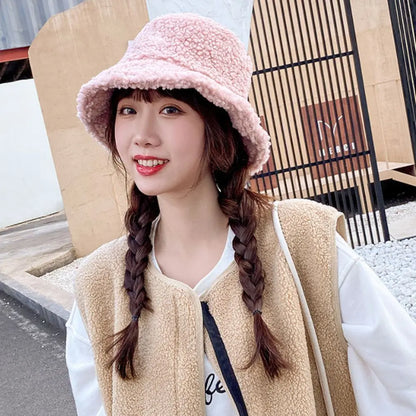 Women Faux Fur Lamb Wool Fisherman Bucket Hat